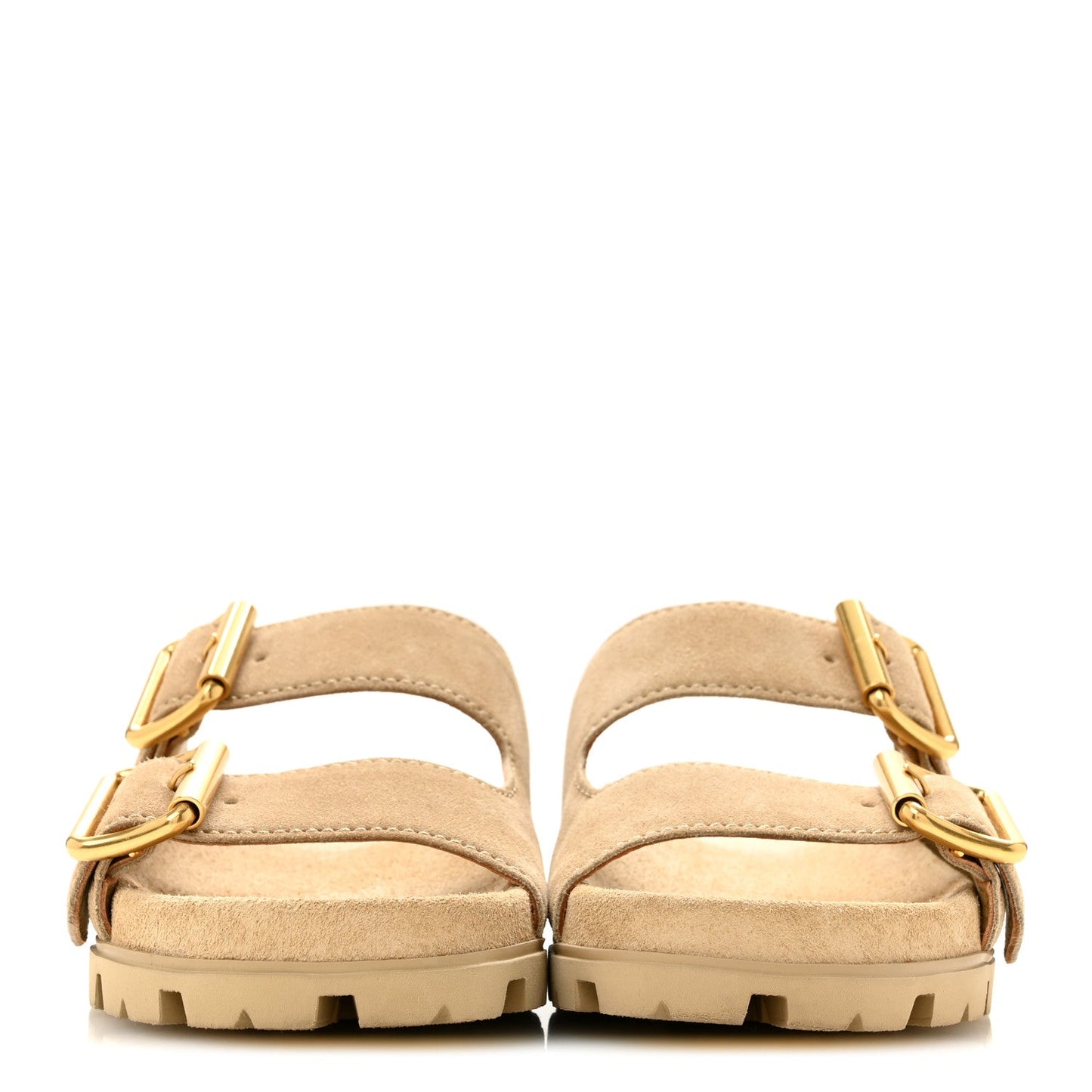 Suede Metal Triangle Logo Womens Double Buckle 20mm Slide Sandals 36.5 Ecru