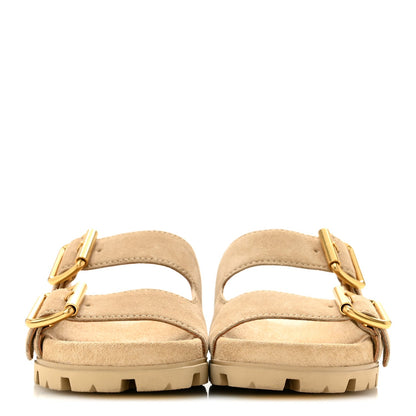 Suede Metal Triangle Logo Womens Double Buckle 20mm Slide Sandals 36.5 Ecru
