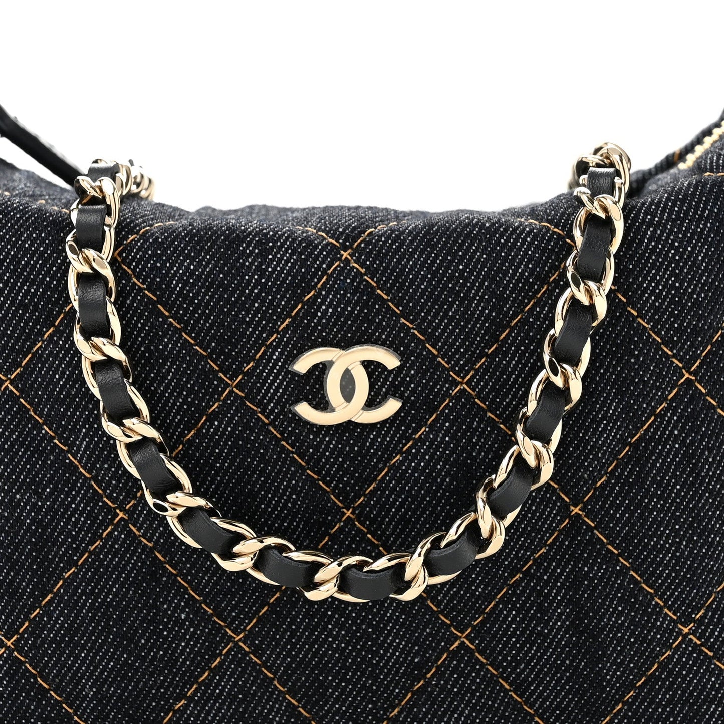 Denim Quilted Hobo Clutch With Chain Dark Blue Orange