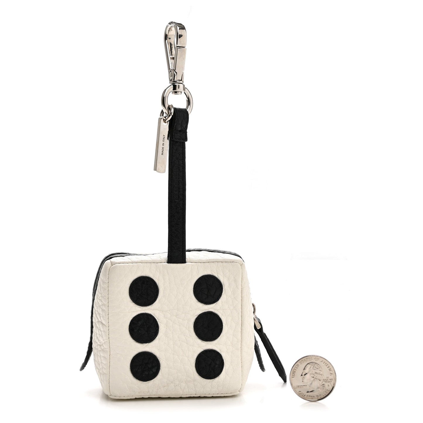 Grained Calfskin Dice Bag Charm Coin Case White Black