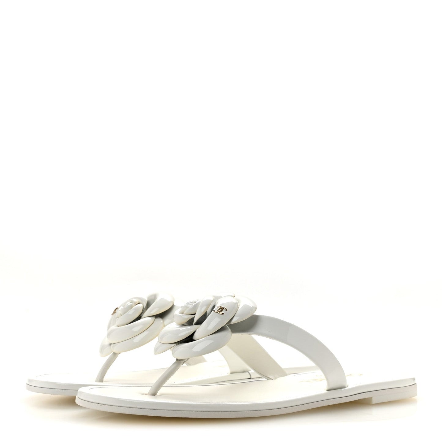 Patent Calfskin Camellia Thong Sandals 37.5 White
