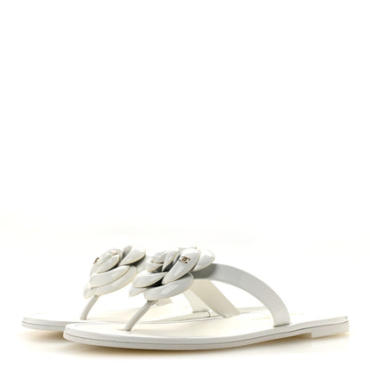 Patent Calfskin Camellia Thong Sandals 37.5 White