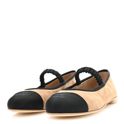 Suede Kidskin Grosgrain Mary Jane Flats 38 Beige Black