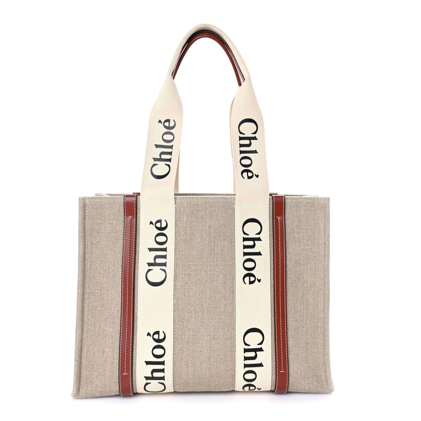 Linen Calfskin Medium Woody Ribbon Tote  White Brown