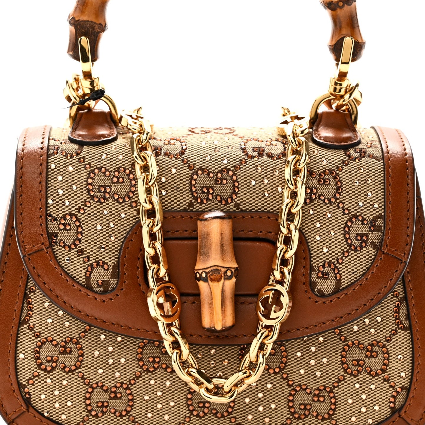New Canvas Charisma Calfskin Crystal GG Monogram Small Bamboo 1947 Top Handle Bag Camel Ebony