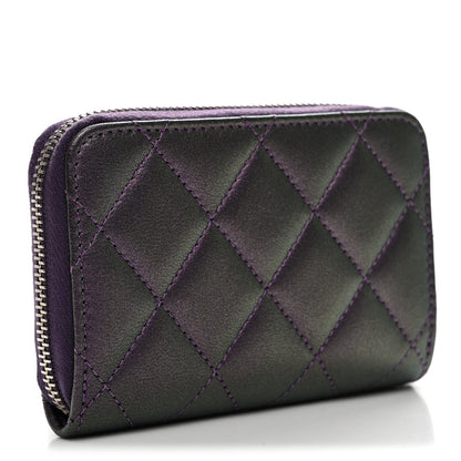 Metallic Lambskin Quilted Zip Around Coin Purse Wallet Dark Purple
