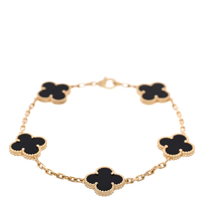 18K Yellow Gold Black Onyx 5 Motifs Vintage Alhambra Bracelet