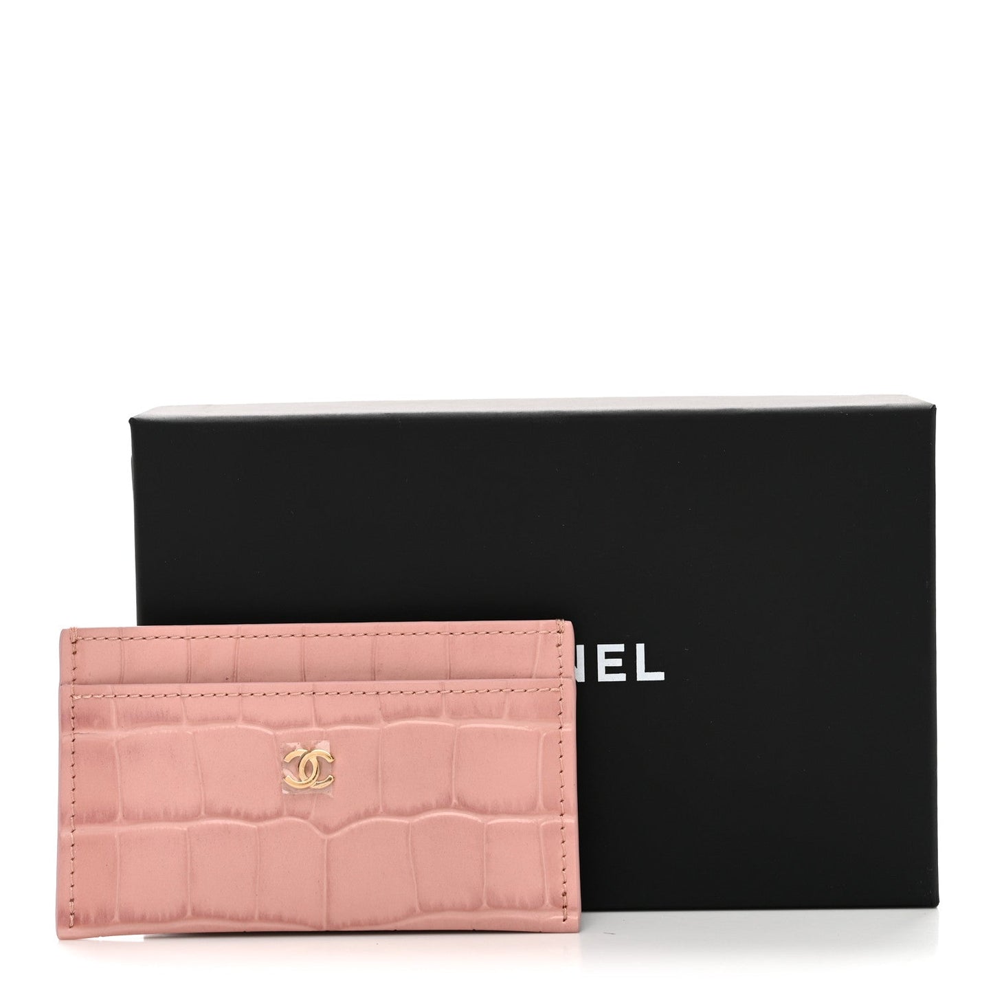 Calfskin Crocodile Embossed Crococo Card Holder Light Pink