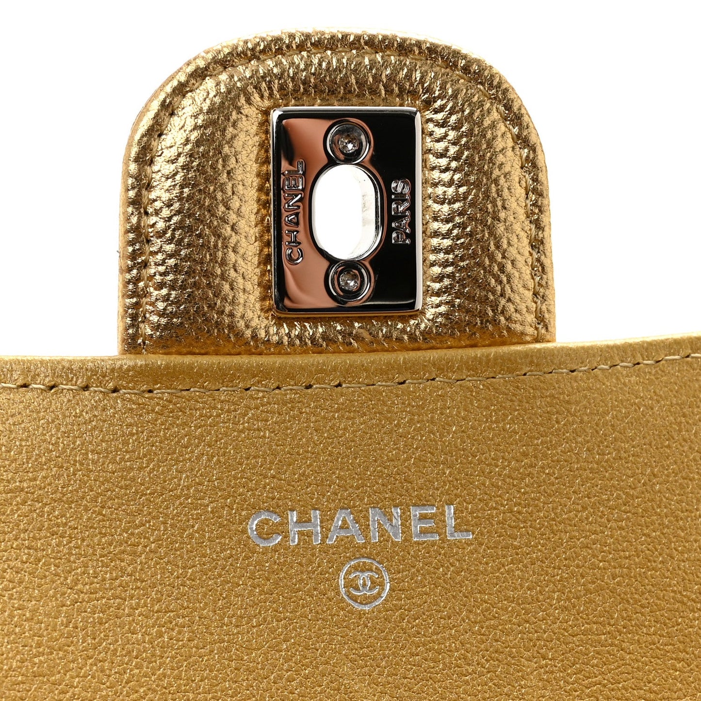 Metallic Caviar Quilted Top Handle Long Clutch With Chain Gold