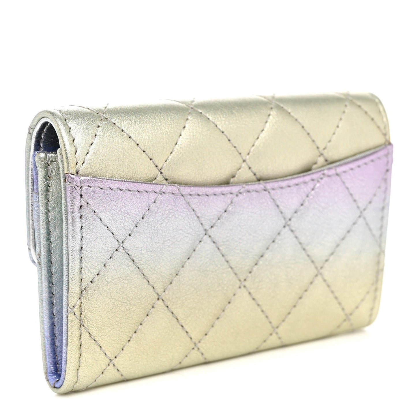 Gradient Metallic Calfskin Quilted Flap Card Holder Wallet Silver Blue Yellow Purple