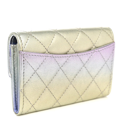 Gradient Metallic Calfskin Quilted Flap Card Holder Wallet Silver Blue Yellow Purple