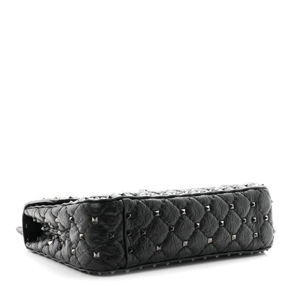 Craquele Nappa Medium Rockstud Spike Shoulder Bag Black