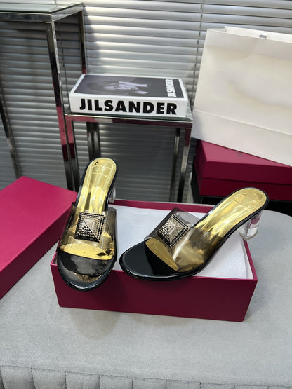 Heeled Sandals 6cm with Crystal Square Buckle Gold and Black
