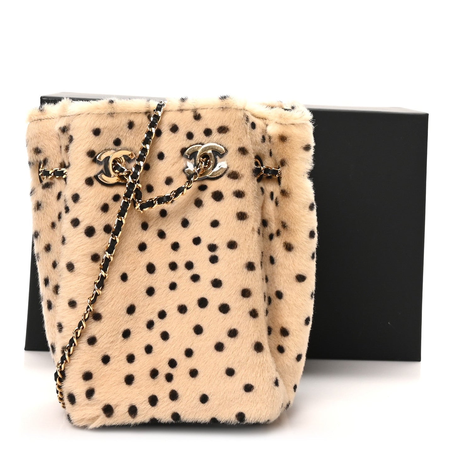 Pony Hair Cheetah Printed CC Chain Bucket Bag Light Beige Black Light Beige Black