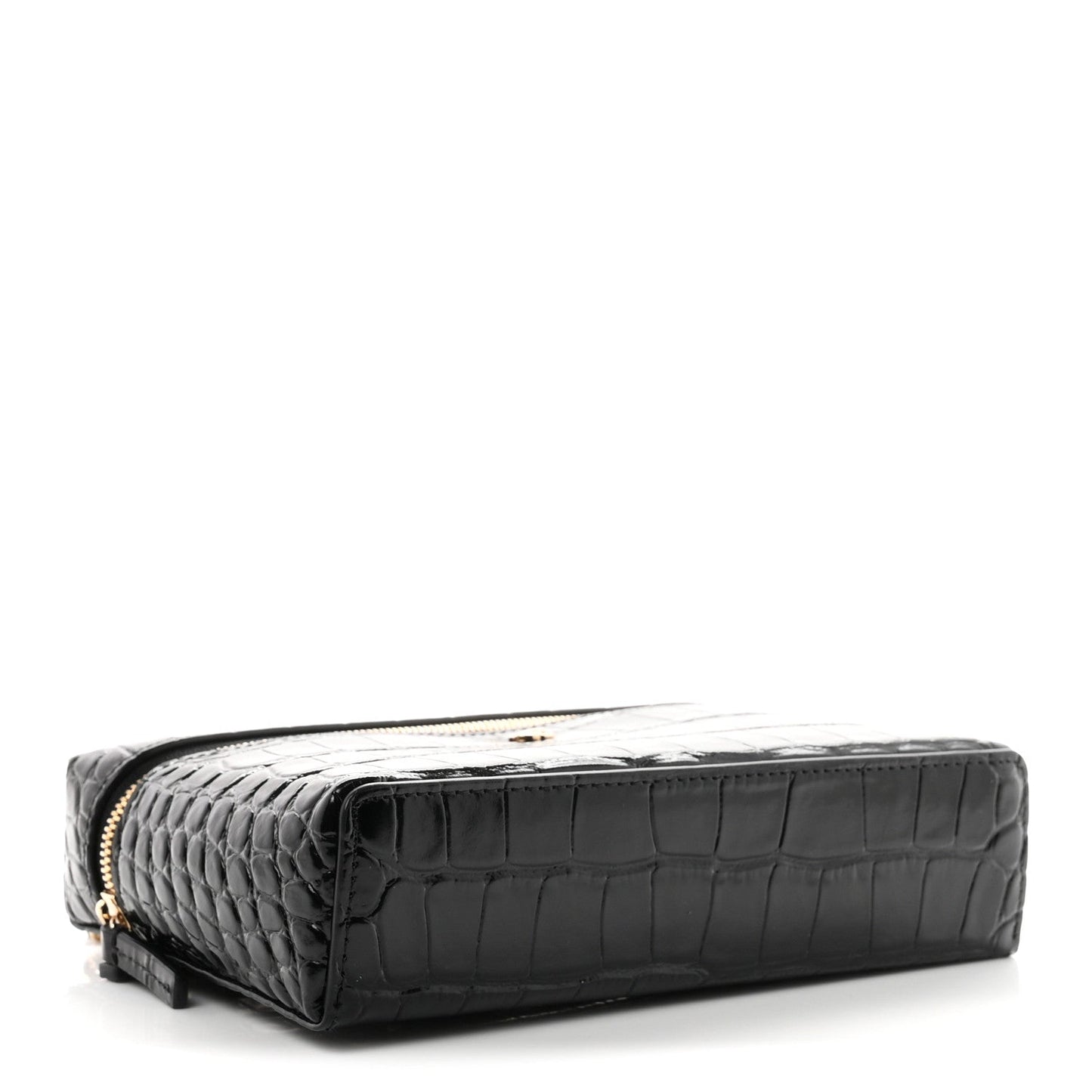 Calfskin Crocodile Embossed Crococo Top Handle Slim Vanity Case With Chain Black