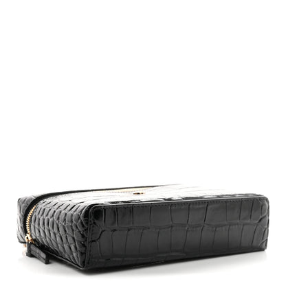 Calfskin Crocodile Embossed Crococo Top Handle Slim Vanity Case With Chain Black