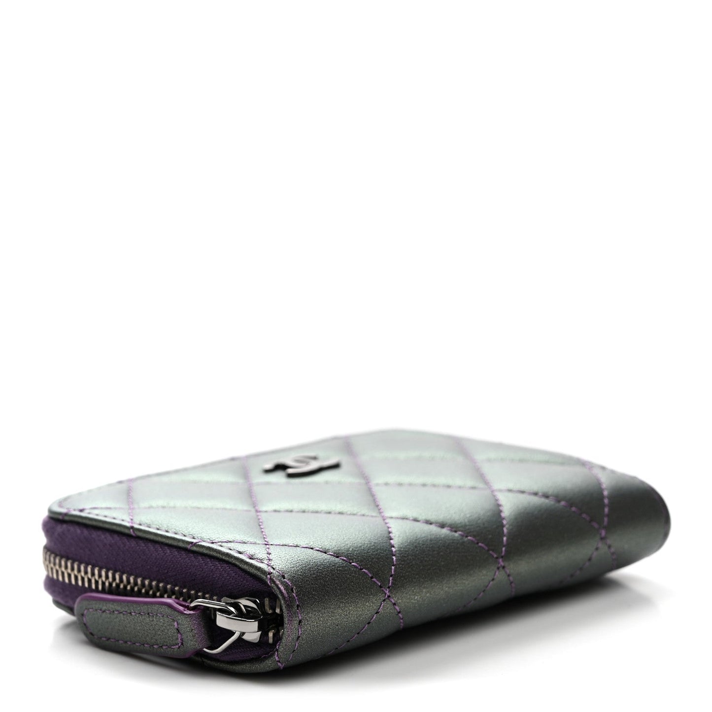 Metallic Lambskin Quilted Zip Around Coin Purse Wallet Dark Purple