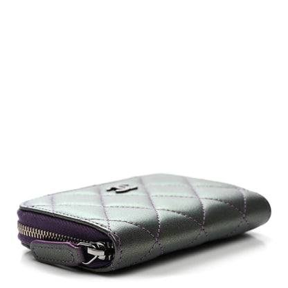 Metallic Lambskin Quilted Zip Around Coin Purse Wallet Dark Purple
