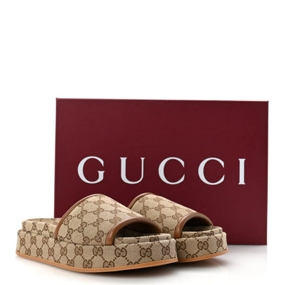 Original GG Canvas Monogram Womens GG Platform Sandals 38.5 Beige Ebony Sundial