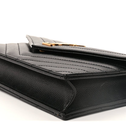 Grain De Poudre Matelasse Chevron Monogram Envelope Chain Wallet Black