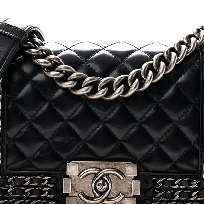 Glazed Calfskin Quilted Small Boy Chained Flap Navy