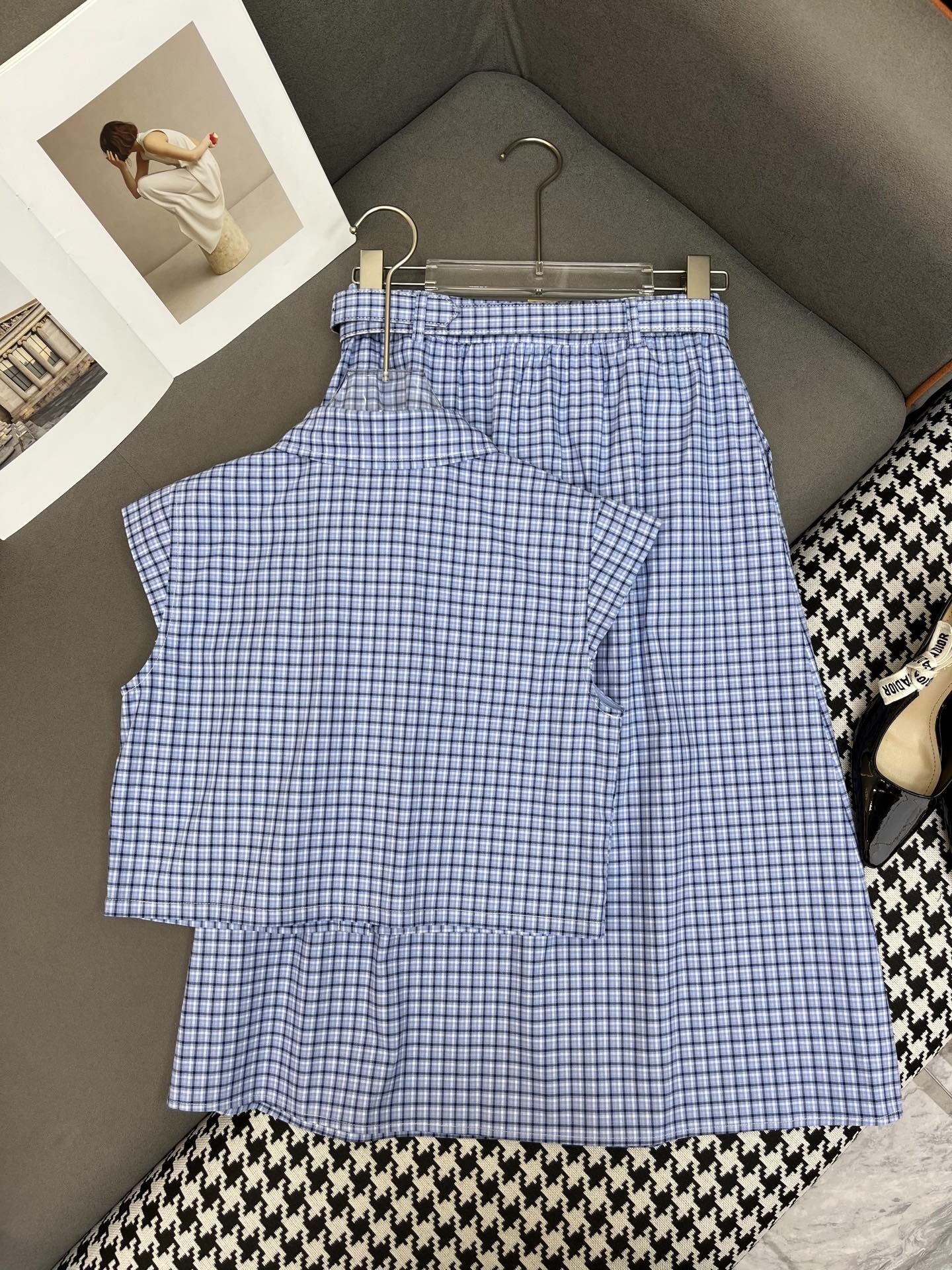 MATCHING SET WITH TOP AND BLUE PLAID MINI SKIRT