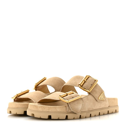 Suede Metal Triangle Logo Womens Double Buckle 20mm Slide Sandals 36.5 Ecru