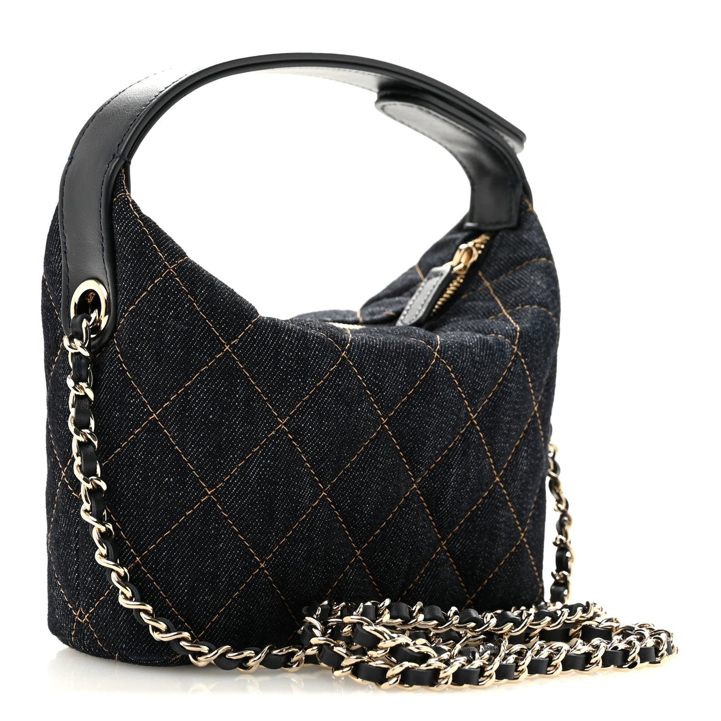 Denim Quilted Hobo Clutch With Chain Dark Blue Orange