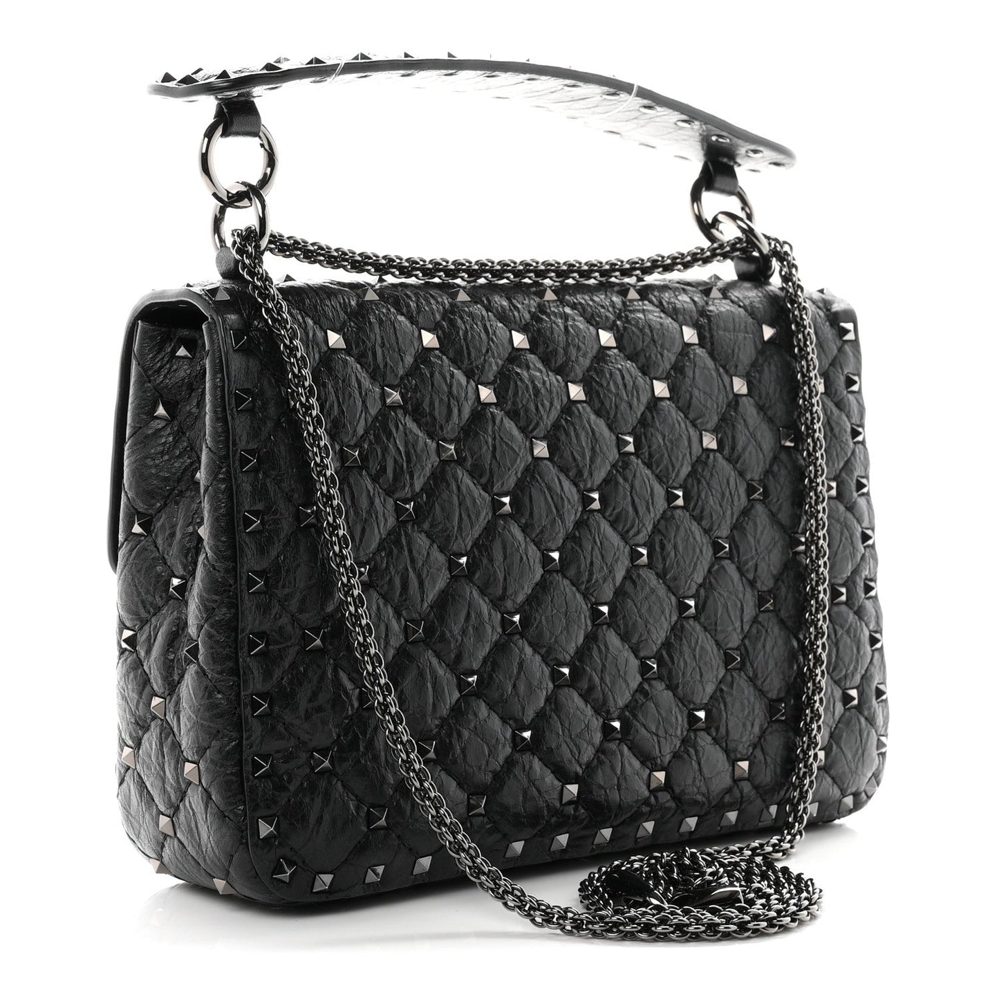 Craquele Nappa Medium Rockstud Spike Shoulder Bag Black