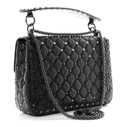 Craquele Nappa Medium Rockstud Spike Shoulder Bag Black