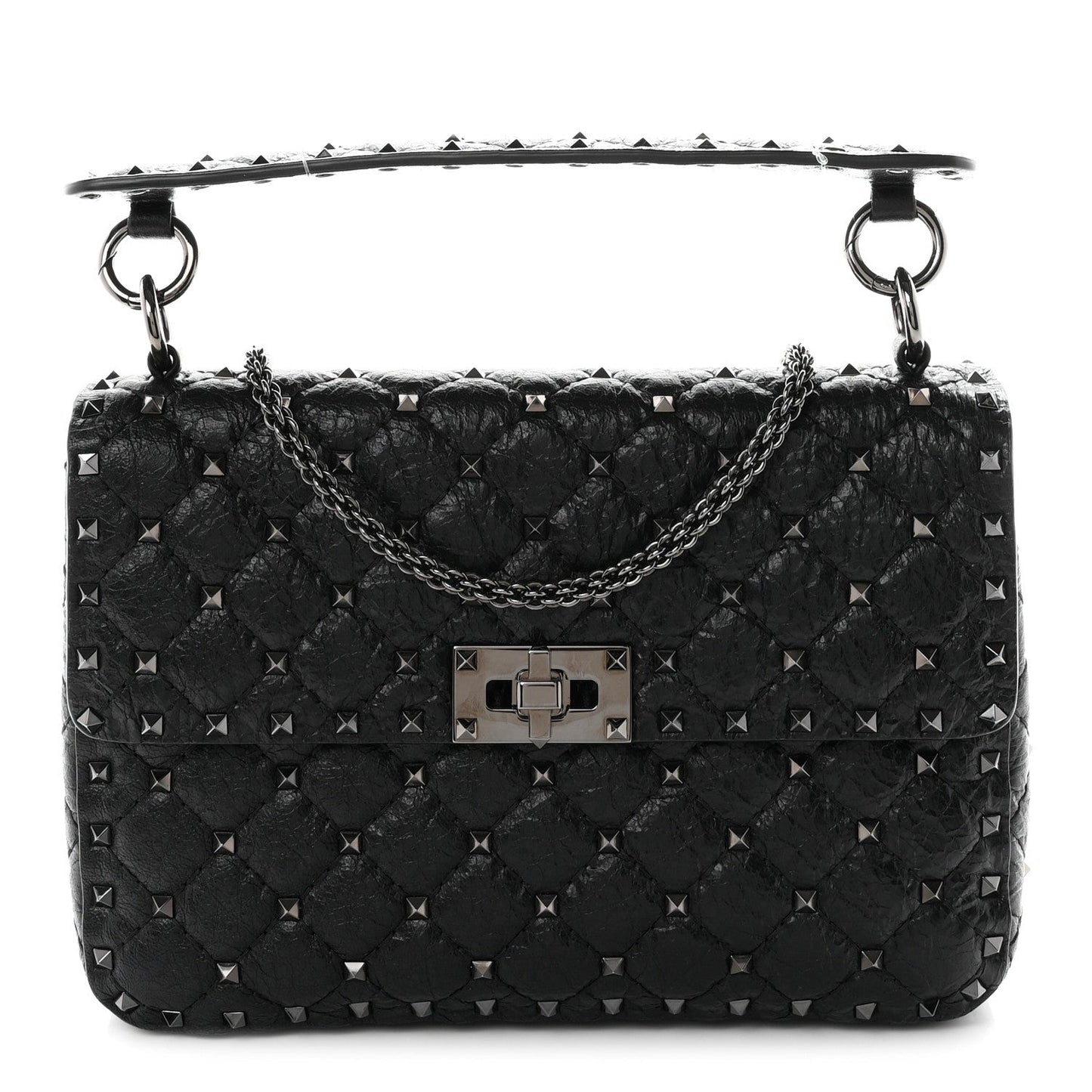 Craquele Nappa Medium Rockstud Spike Shoulder Bag Black