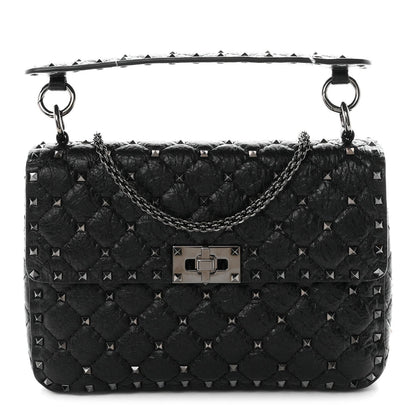 Craquele Nappa Medium Rockstud Spike Shoulder Bag Black