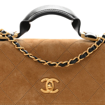 Suede Calfskin Shiny Lambskin Quilted Coco Base Flap Top Handle Bag Beige Black