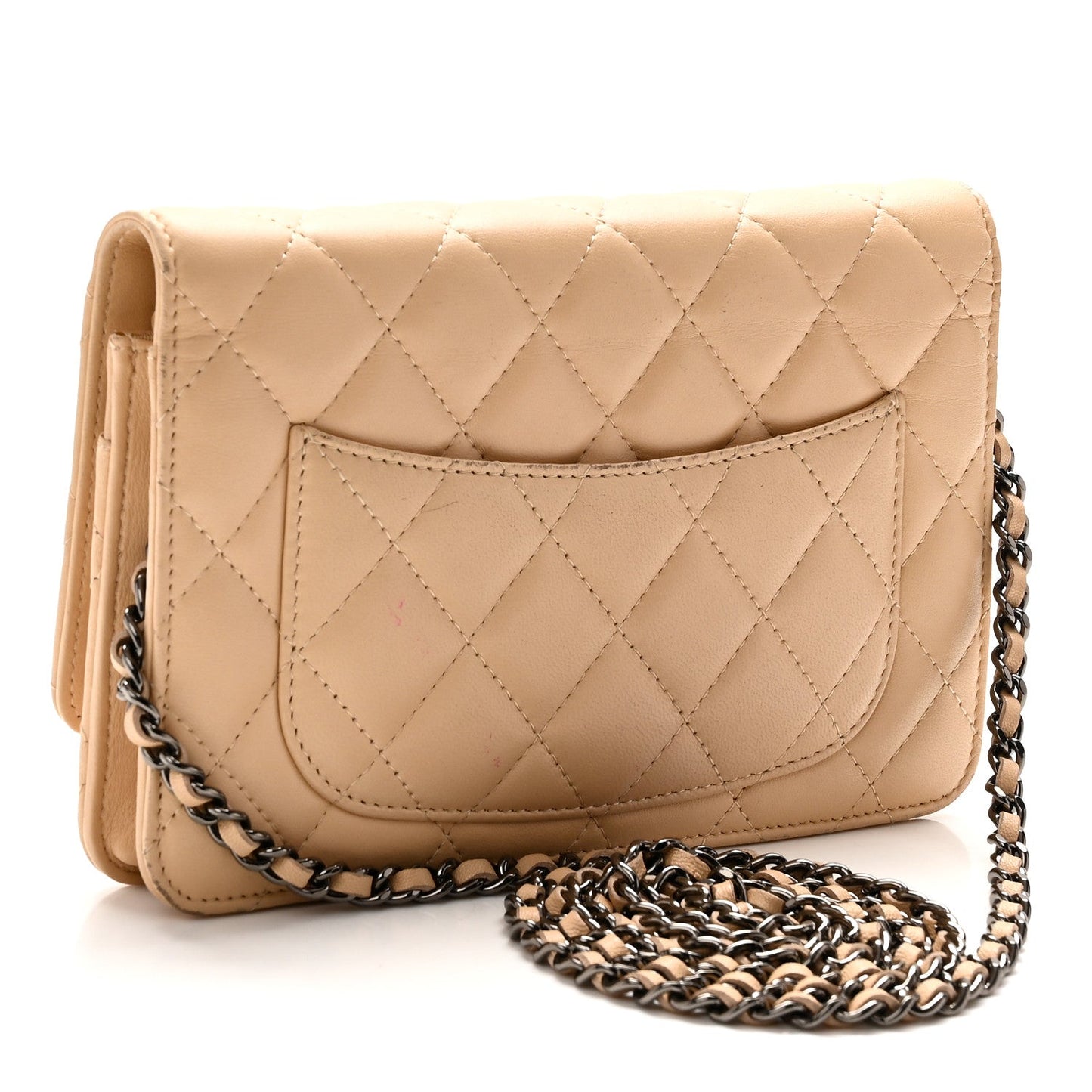 Lambskin Quilted Wallet On Chain WOC Beige
