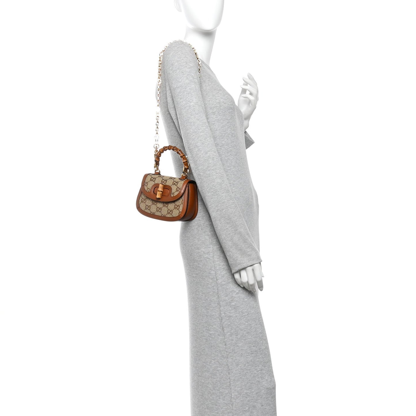 New Canvas Charisma Calfskin Crystal GG Monogram Small Bamboo 1947 Top Handle Bag Camel Ebony
