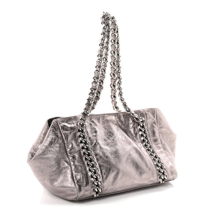 Metallic Cracked Calfskin Modern Chain Tote Dark Silver