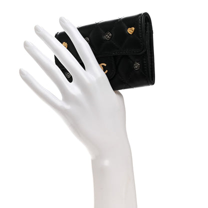 Lambskin Quilted Lucky Charms Flap Card Holder Wallet Black