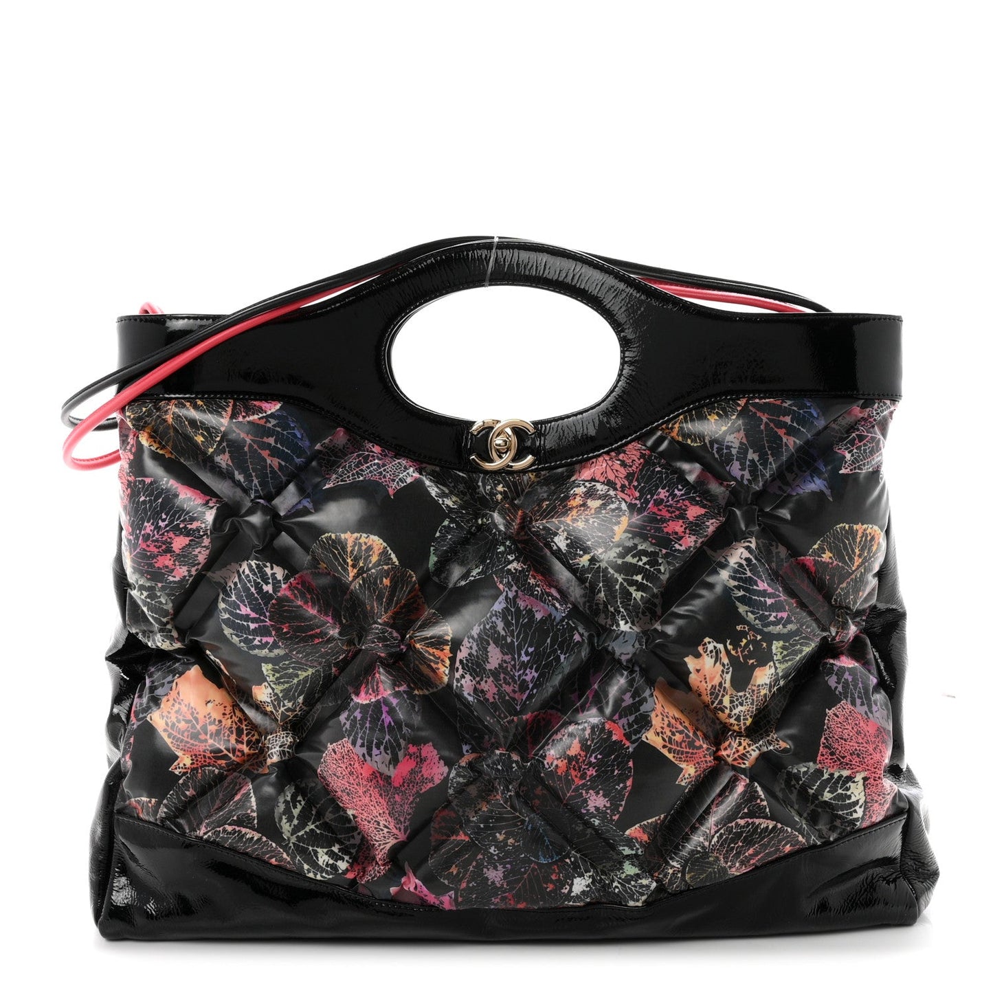Patent Calfskin Canvas Printed Large 31 Shopping Bag Black