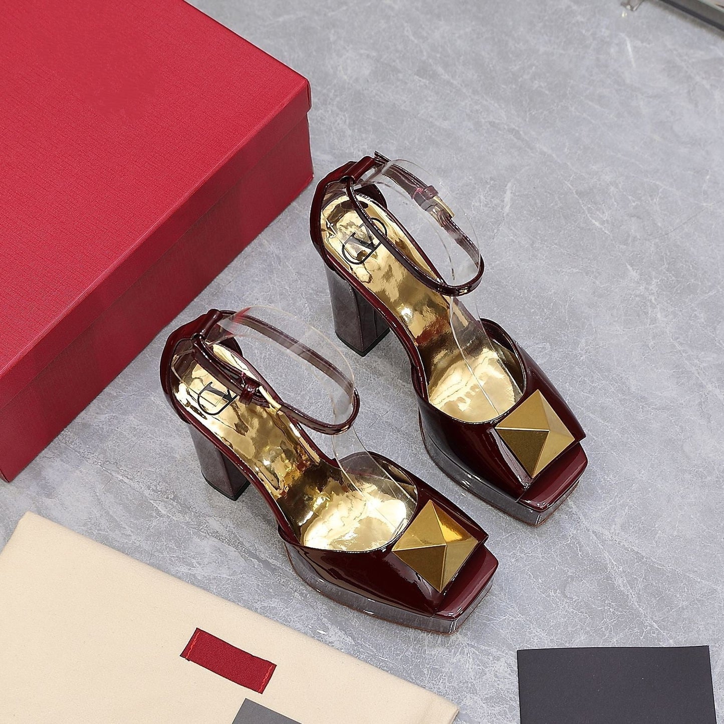 Open Toe Pump With One Stud Gold Patent Burgundy Leather 130MM