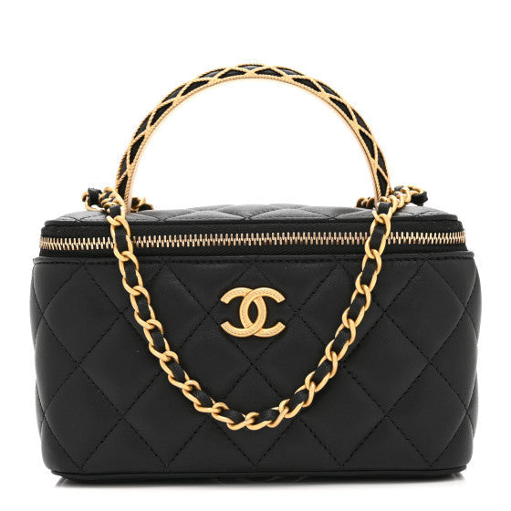 Lambskin Quilted Metal Twist Small Top Handle Vanity Case With Chain  Black