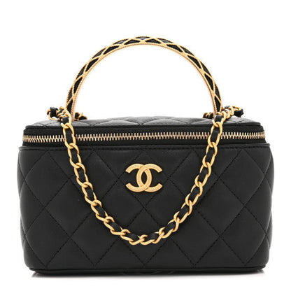Lambskin Quilted Metal Twist Small Top Handle Vanity Case With Chain  Black