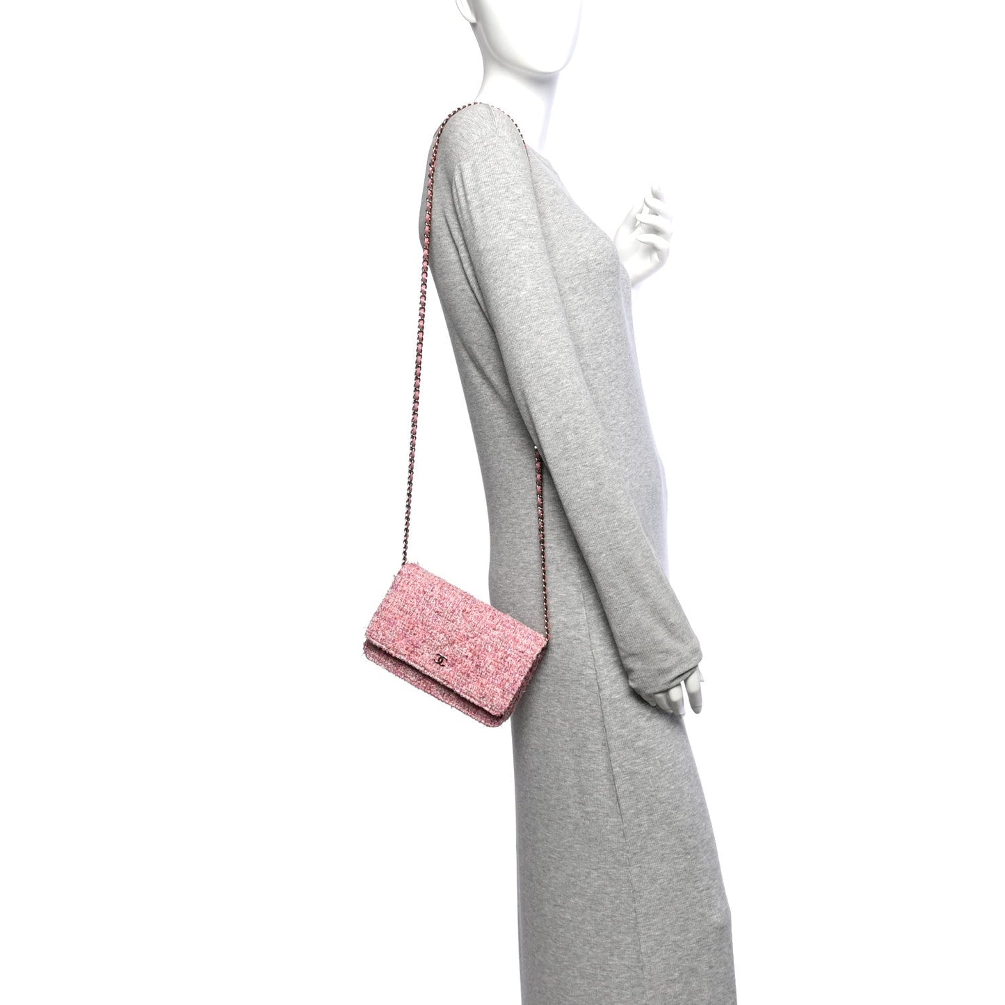 Tweed Quilted Wallet On Chain WOC Pink