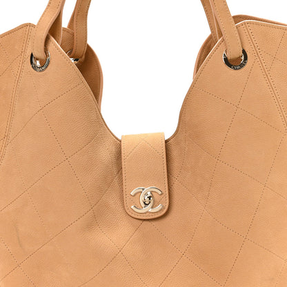 Grained Nubuck Calfskin Quilted Maxi Shopping Bag Beige