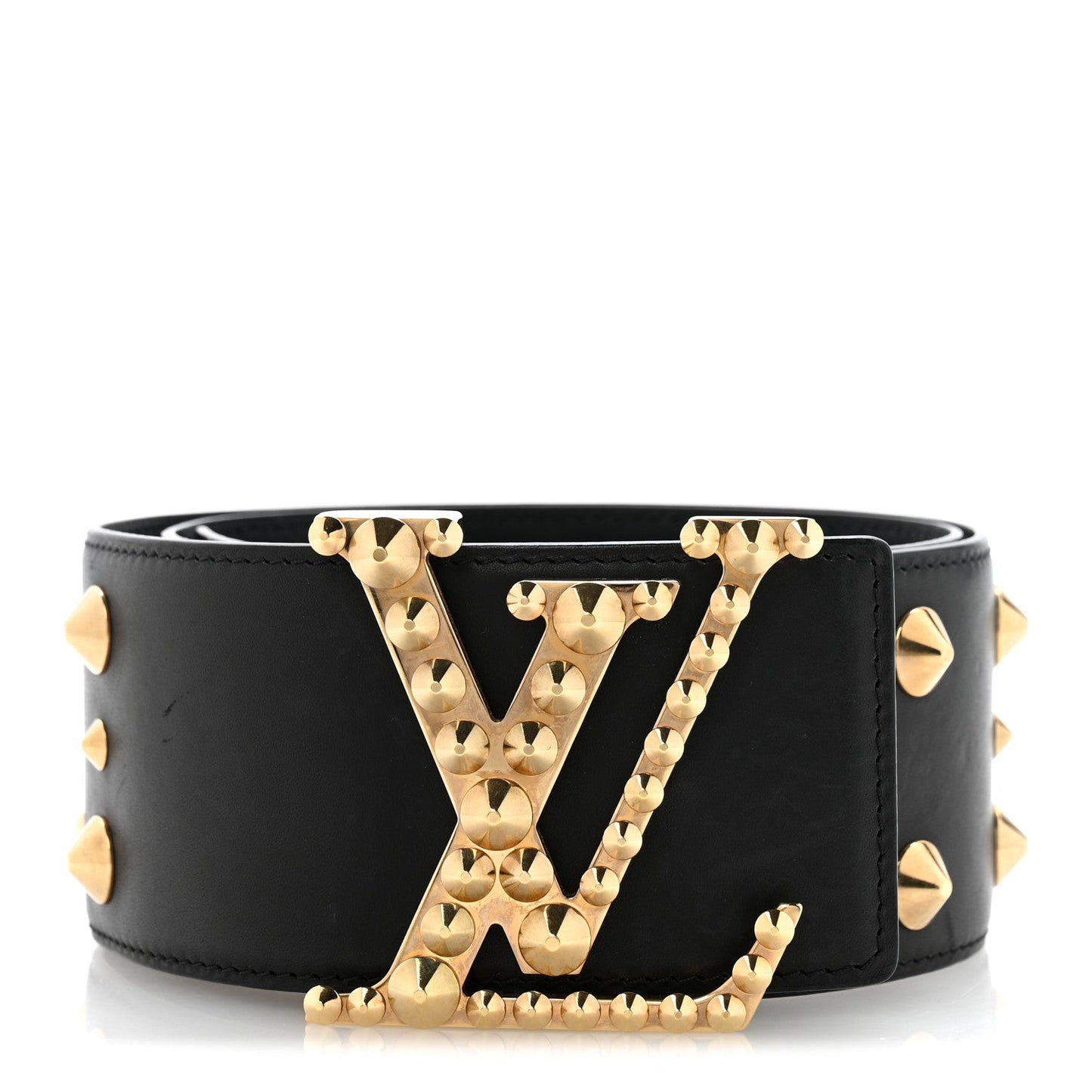 Calfskin LV Initiales Clous Belt 75 30 Black Gold