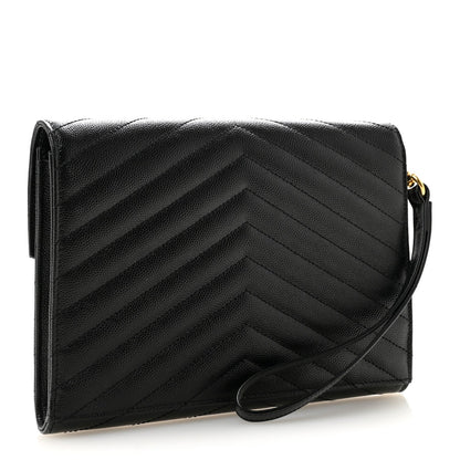 Grain De Poudre Matelasse Chevron Monogram Envelope Clutch Black