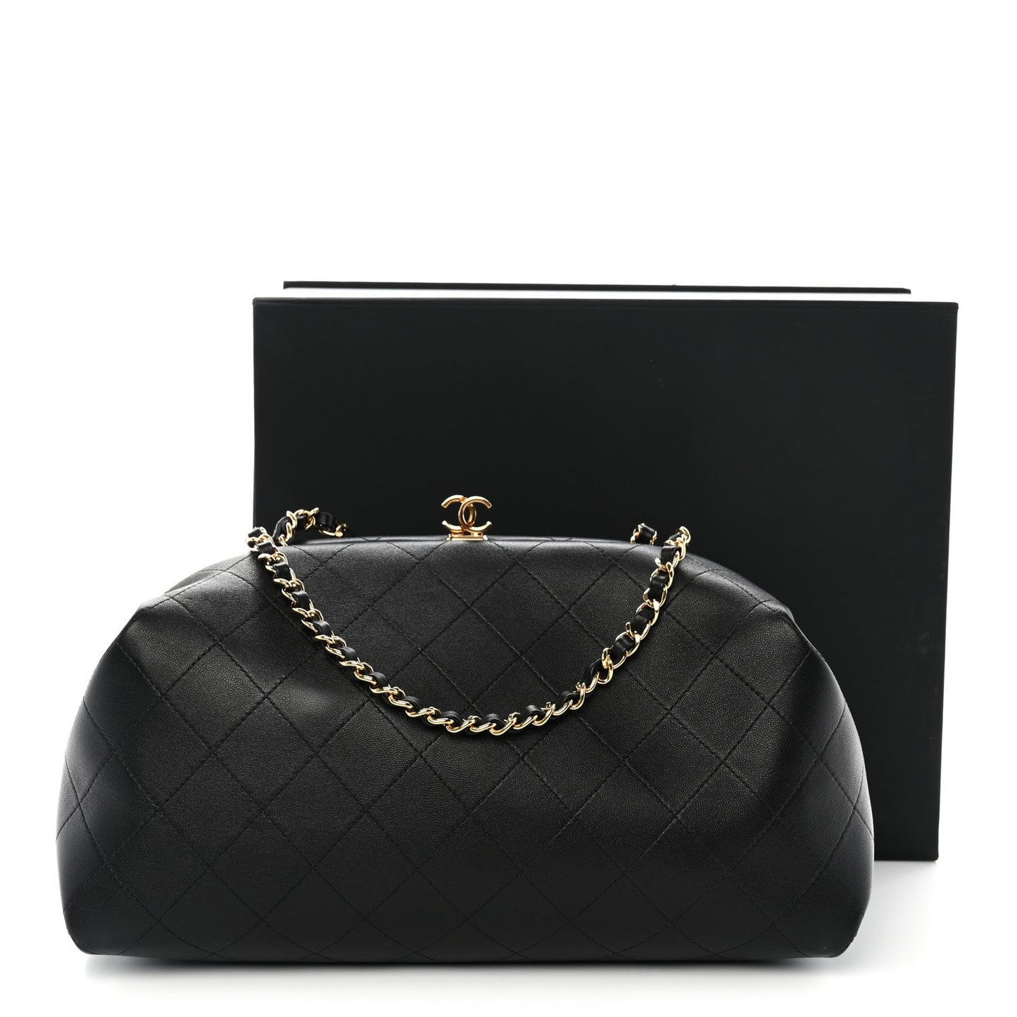 Lambskin Stitched Clutch With Chain Black