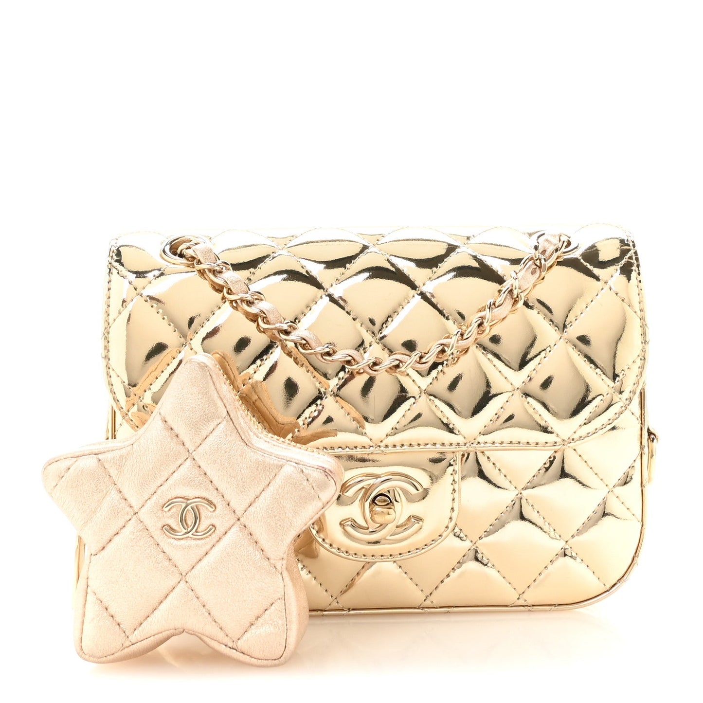 Mirror Calfskin Metallic Calfskin Quilted Hollywood Boulevard Mini Flap With Star Coin Purse Gold