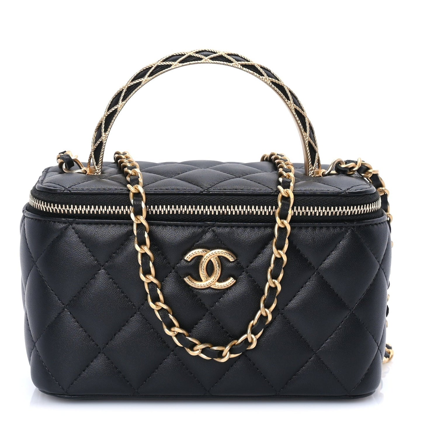 Lambskin Quilted Metal Twist Small Top Handle Vanity Case With Chain  Black