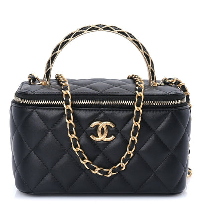 Lambskin Quilted Metal Twist Small Top Handle Vanity Case With Chain  Black