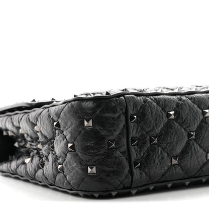 Craquele Nappa Medium Rockstud Spike Shoulder Bag Black